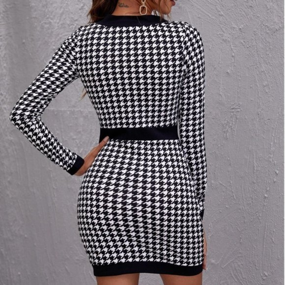 Button Front Houndstooth Mini Dress - Picture 2 of 6